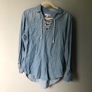 Denim Shirt with lace up detailing around collar